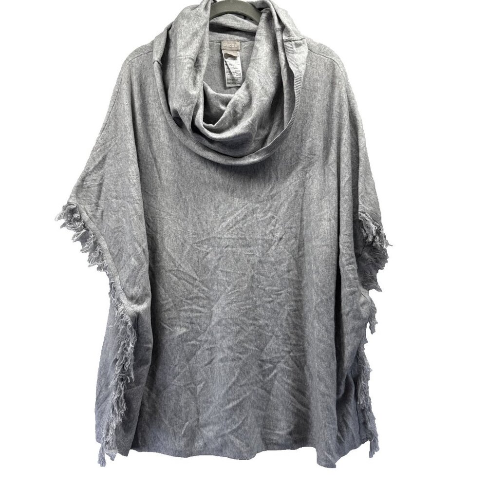 Chicos Women's Sweater Top Small Medium Gray Knit Fringe Cowl Neck Short Sleeve